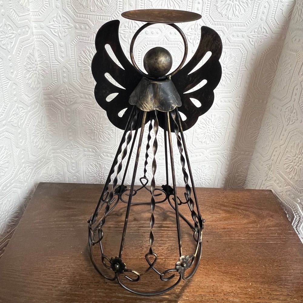 Vintage Rustic Metal Angel Pillar Candle Holder Distressed Black Gold 12.5 Inch